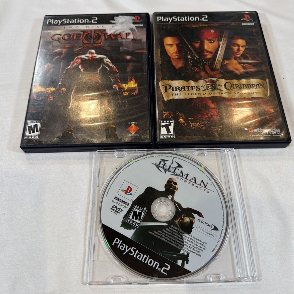 PS2 Game Lot 3 God of War II 2 Disc Pirates Caribbean Hitman Contracts Untested